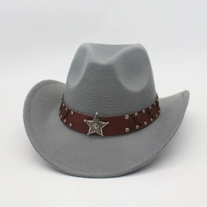 Detail of grey felt cowboy hat featuring brown leather band with silver star and studs