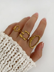 Close-up of a three-piece set of 18K gold plated titanium geometric rings on a model finger