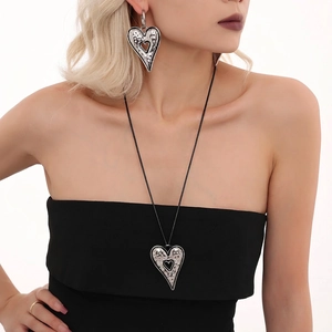 Stainless Steel Heart Pendant Necklace And Earrings Jewelry Set Hammered Texture Hollow Bohemian Statement For Women