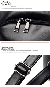 Dettaglio di doppie cerniere argentate e fibbie metalliche su borsa in pelle PU nera