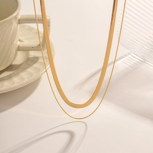 Collier Double Rang À Maille Serpent En Acier Inoxydable Plaqué Or 18K Ras Du Cou Plat Minimaliste Pour Femme