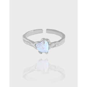 925 Sterling Silver Heart Opal Open Ring For Women Minimalist Crinkle Texture Adjustable Finger Ring Luxury Jewelry Gift
