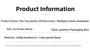 Detailed specifications table for flip jewelry gift box made of 1200g sturdy cardboard