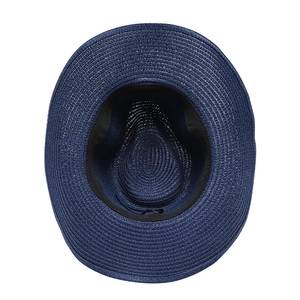 Detailed top view of navy blue woven sun hat featuring wide brim and adjustable inner band
