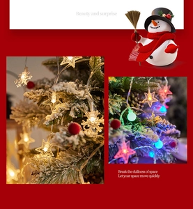 Detailed view of LED snowflake and star string lights on a Christmas tree with warm glow