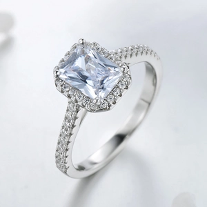 Elegant S925 sterling silver ring with square zircon and halo stones in 45-degree view