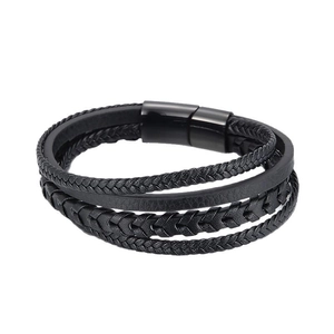 Men's multilayer black woven leather bracelet with titanium steel magnetic clasp
