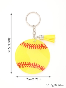Macro detail of acrylic baseball keychain with dimensions 12cm height and yellow tassel