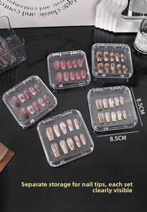 Close-up of 8.5x8.5cm clear acrylic storage boxes for press-on nails on black surface