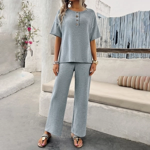 Women Waffle Knit Short Sleeve Henley V Neck Top And Wide Leg Pants Casual Summer Vacation Lounge Outfits