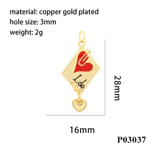 Golden diamond pendant with red enamel heart and paperclip design for DIY jewelry making