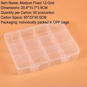 Detailed top view of 12 compartment clear plastic storage box with double buckle latches