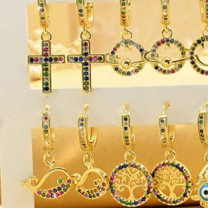 Exquisite gold-plated hoop earrings with colorful zircon charms including evil eye and cross