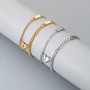 Stainless Steel Heart Magnet Couple Bracelets Curb Chain With Rectangular Bar Jewelry For Lovers