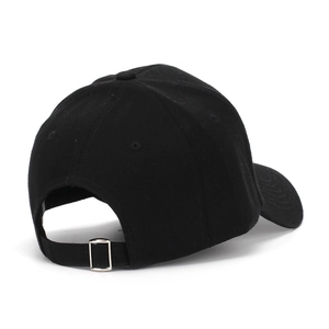 Detail of black cotton baseball cap showing adjustable silver metal buckle on the back