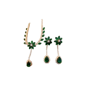 Sparkling zircon flower teardrop jewelry set with green gemstones and gold finish necklace