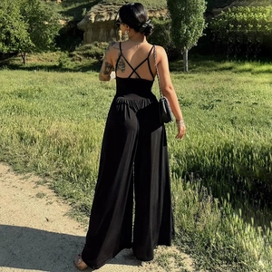 Detail showing the stylish crisscross back straps of a black wide-leg summer jumpsuit