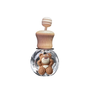 Cute milk tea color cartoon car perfume bottle with wooden lid and brown bear mascot