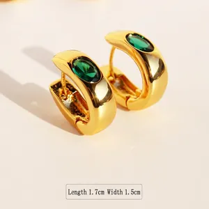 Elegant gold hoop earrings with oval emerald zircon, length 1.7cm and width 1.5cm