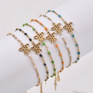 Sea Turtle Charm Bracelet Stainless Steel Colorful Beads Hollow Adjustable Ocean Summer Beach Jewelry For Women
