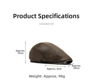 Detailed size parameters for the vintage brown leather beret with dimensions and weight