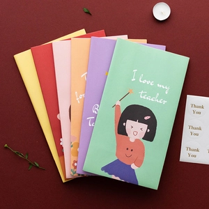 Colorful teacher appreciation gift card set with cartoon girl and Thank You stickers