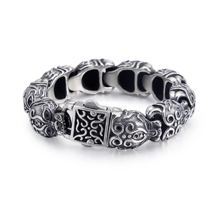Men Skull Bracelet Stainless Steel Vintage Punk Gothic Heavy Thick Link Chain Cubic Zirconia Distressed Retro Biker Jewelry