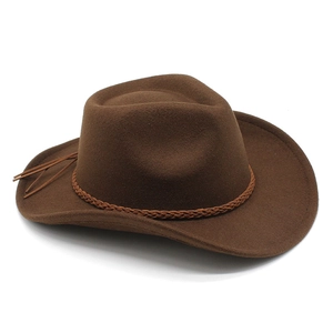 Chapeau de cowboy classique en feutre de laine marron foncé avec bandeau en cuir tressé