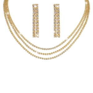 Sparkling gold multilayer rhinestone necklace and long earrings jewelry set for bridal wedding