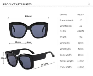 Detailed size specifications for wide-frame square sunglasses with PC frame measurements