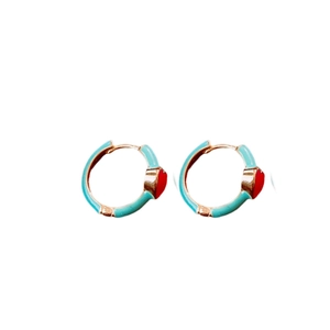 Retro light blue enamel round hoop earrings with red heart design in gold finish