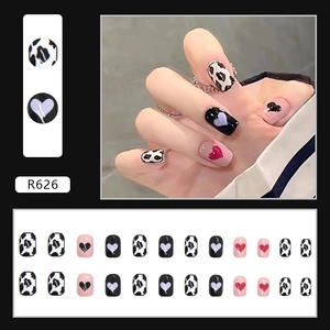 Cute cow print and colorful heart pattern press-on nails with 24-piece full cover set