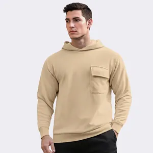 Mens Hoodie Pullover Long Sleeve Solid Color Chest Pocket Polyester Casual Loose Fit Fashion Sweatshirt