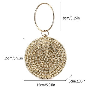 Detailed size measurement of the circular rhinestone evening bag with 15cm diameter