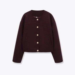 Elegante Damenjacke Mit Rundhalsausschnitt Burgund Wolltextur Langarm Goldknöpfe Außenbekleidung Locker Klassisch
