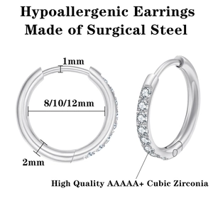 Detail view of surgical steel earrings with size specs and cubic zirconia inlay
