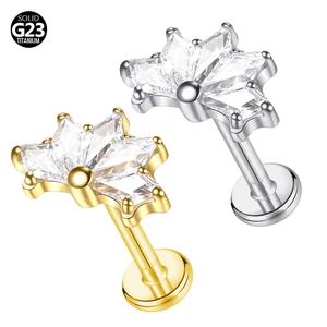 G23 solid titanium fan-shaped piercing studs with clear marquise-cut zircon in gold and silver