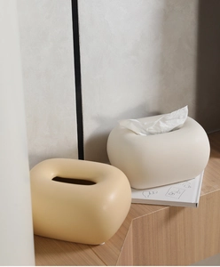 Détail d'une boîte à mouchoirs créative en céramique de style crème sur une étagère