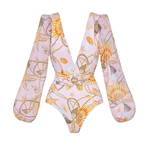 Detail of long sleeve swimsuit with pink sea print, deep V-neck and seashell buckle