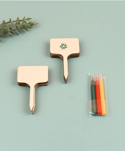 Unfinished T-shaped wooden plant labels with colorful markers on light green background