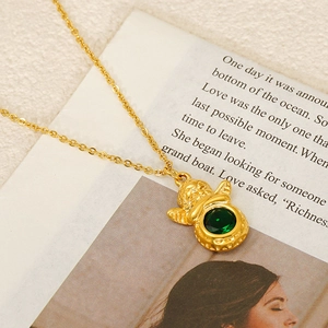 Cupid Angel Pendant Necklace 18K Gold Plated Stainless Steel With Green Zircon Gemstone Vintage Luxury Style For Women