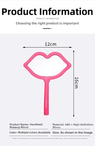 Detail view of pink lip-shaped handheld makeup mirror with dimensions 12cm by 16cm