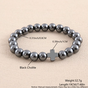 Detail of cross charm beaded bracelet with 0.31 inch black hematite stones dimensions