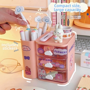 Detail of pink desktop organizer with cloud handles, three drawers and pen holder