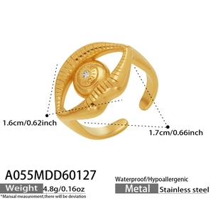 Detailed view of gold stainless steel eye ring with zircon inlay weighing 4.8g