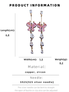Detail specifications for zircon butterfly tassel earrings with silver needle measurement