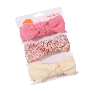 Three-piece baby floral bow headband set in soft cotton gauze for newborns and toddlers