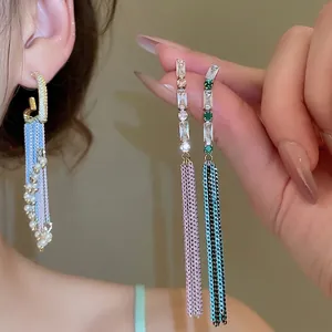 Elegant long tassel drop earrings with colorful zircon studs and fine chain fringe
