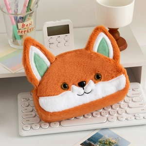 Cute orange fox plush pencil case with zipper and large capacity for stationery storage