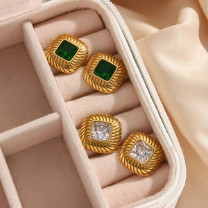 Vintage 18K gold plated stainless steel square earrings with green and clear zircon stones